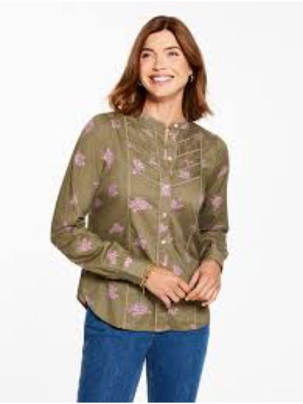 Talbots Olive Green Floral Button-Front Blouse